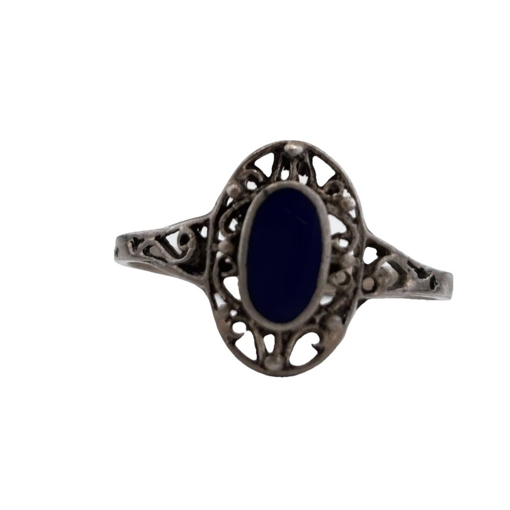 Vintage 925 Sterling Silver Lapis Lazuli Inlaid  Filigree Ring SZ 8
